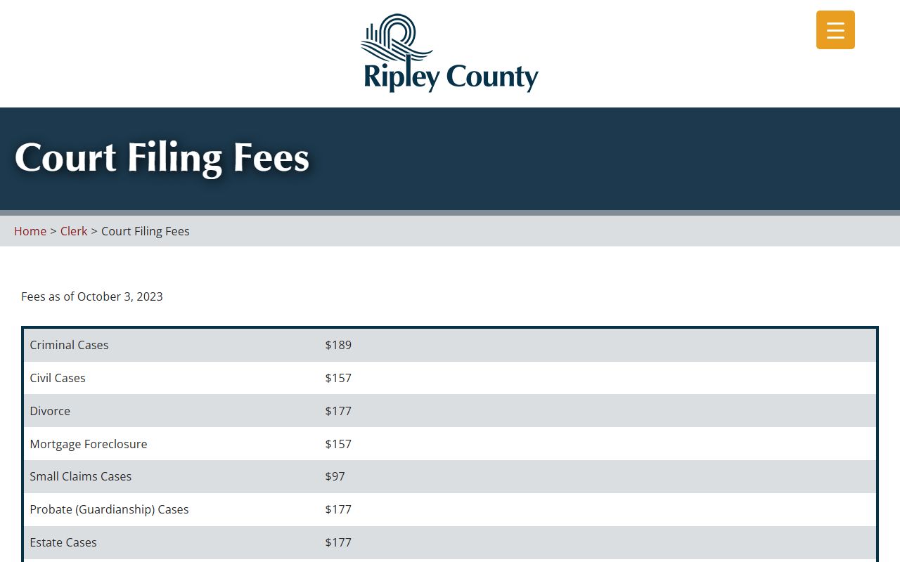 Ripley County court records filing fee page