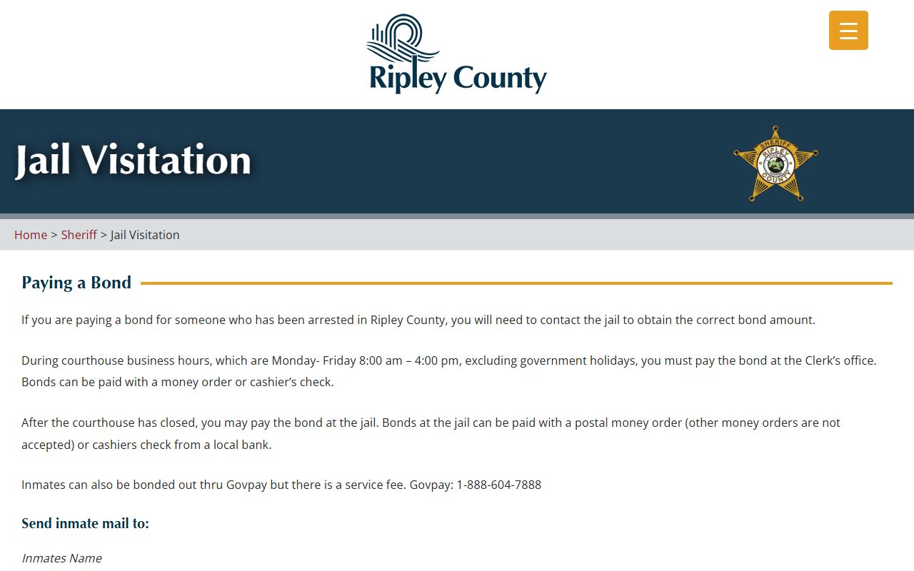 Ripley County inmate search jail visitation schedule