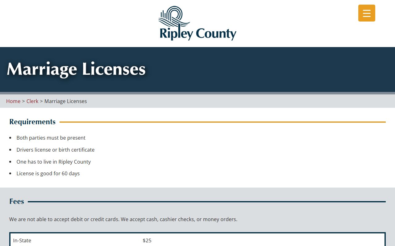 Ripley County marriage records and clerk marriage license page