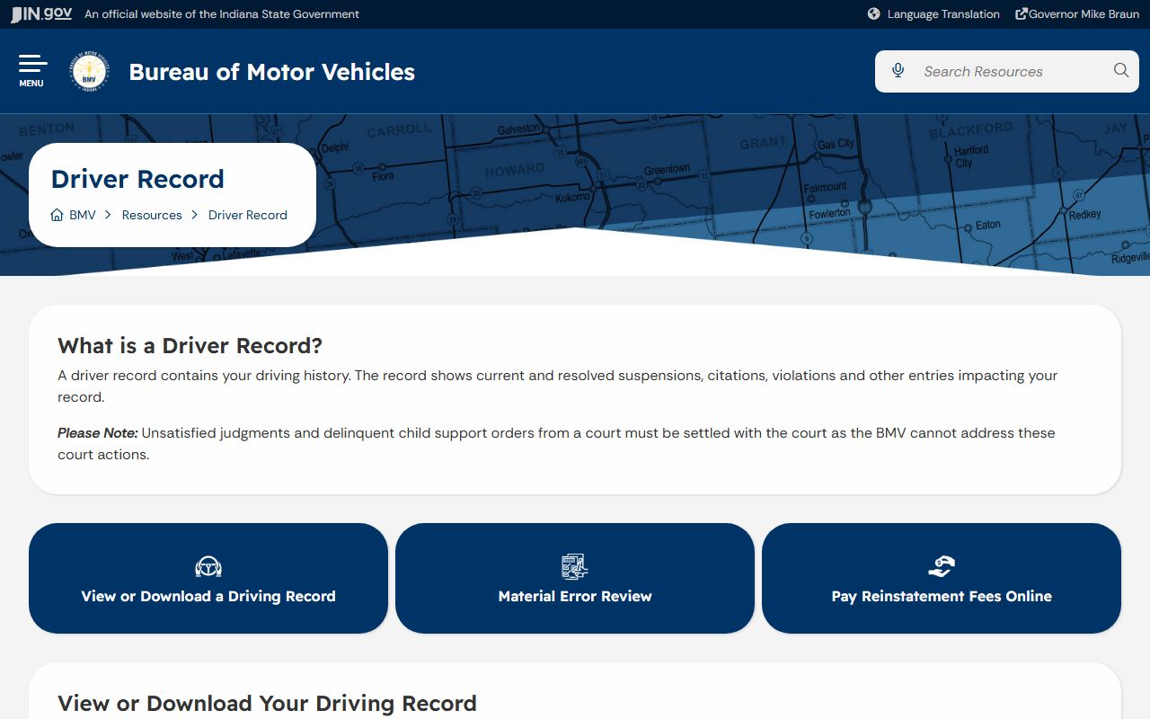 Ripley County traffic court records and Indiana BMV driver record page