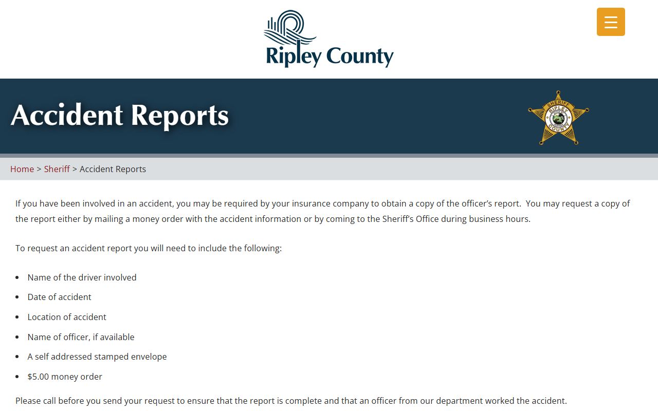 Ripley County traffic court records and sheriff accident report request page