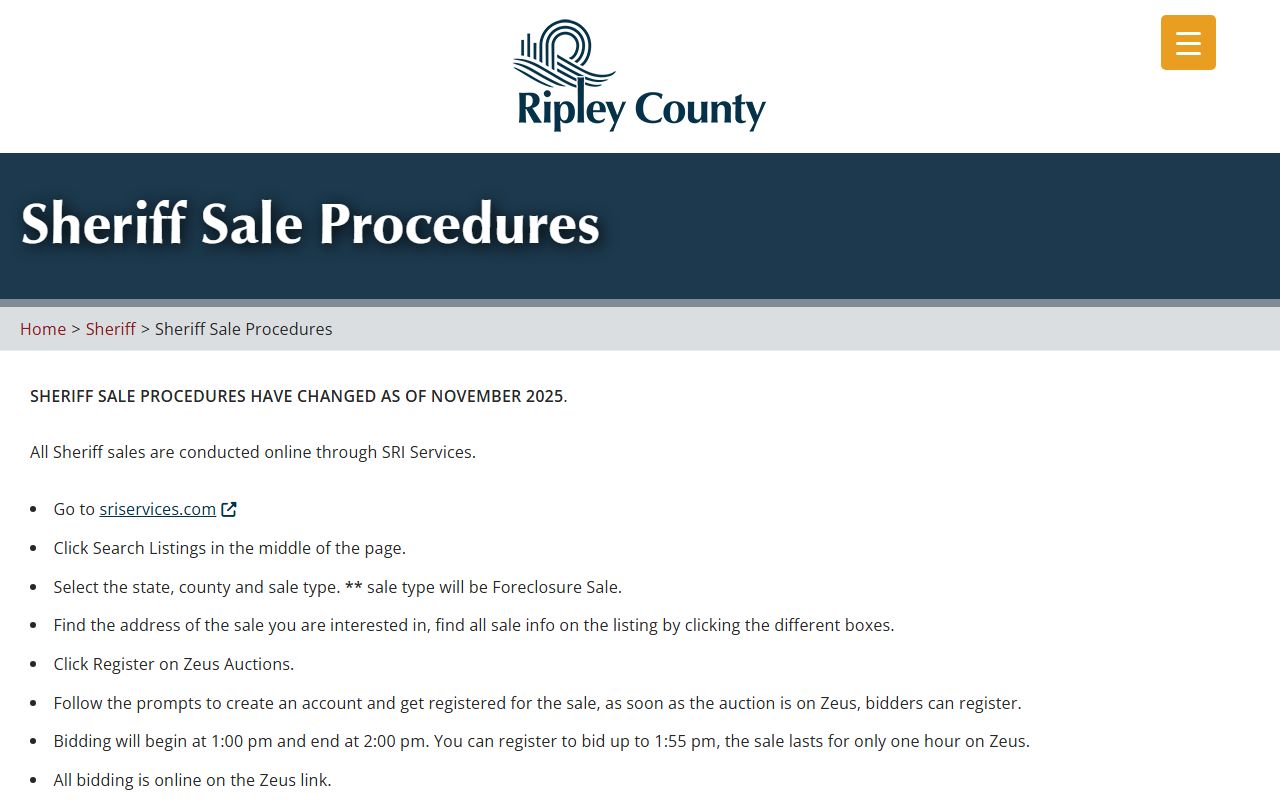 Ripley County warrant search sheriff sale procedures source
